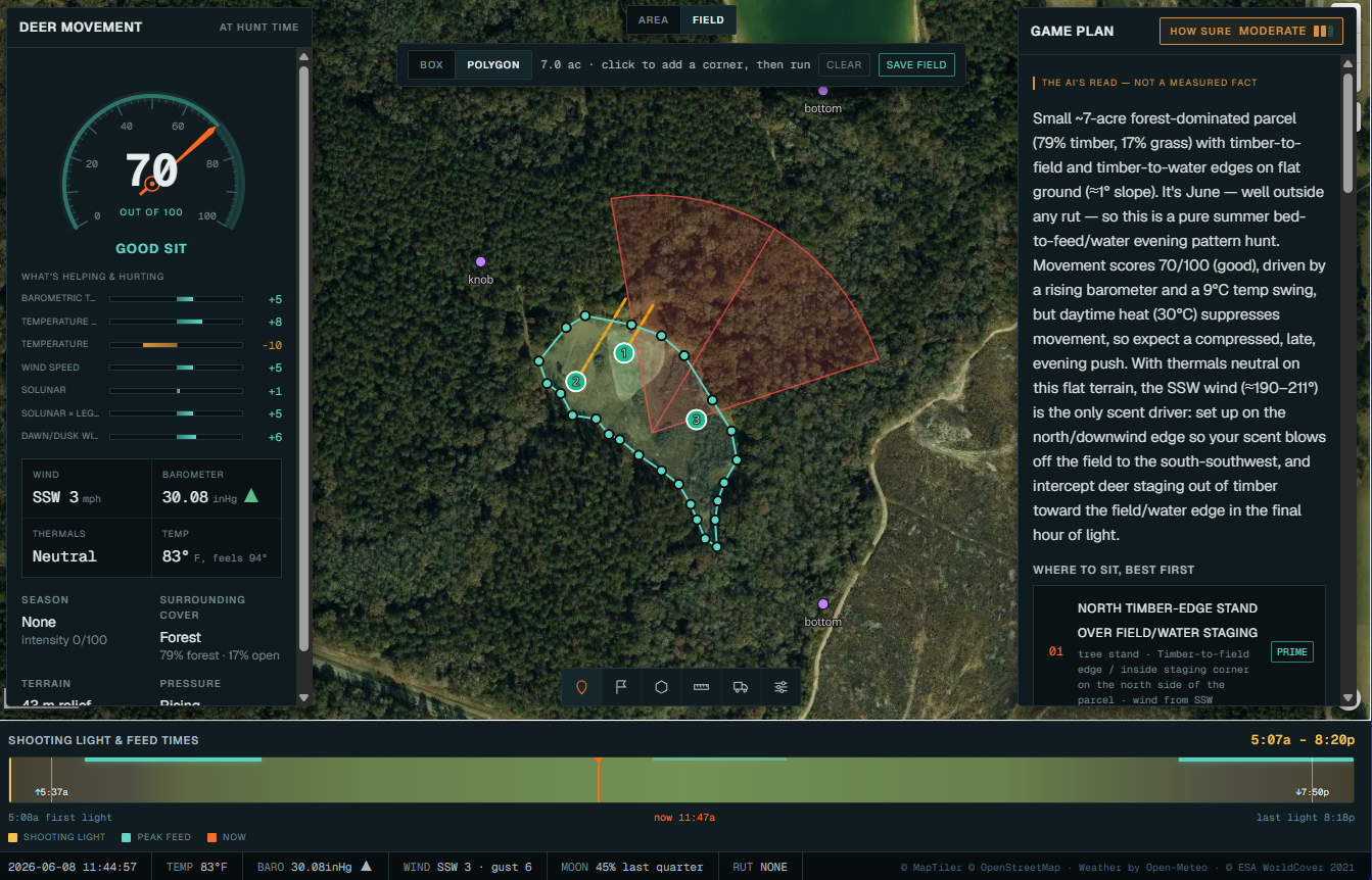 A DeerHunt.ai game plan reading wind, thermals, and terrain for a single hunt